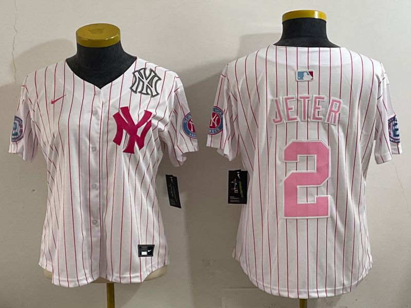 Women 2025 New York Yankees 2 Jeter White pink Joint Name Nike MLB Jersey style 6